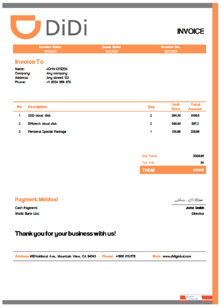 USA Didi Chuxing invoice PSD template